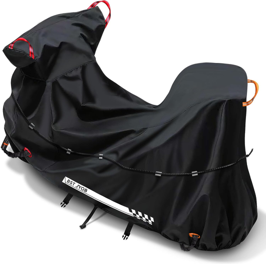 バイクカバー 500D 厚手 防水 【独自の腰紐付き・強風対策】 オックスフォード生地 ロック穴前後対応 反射材 二重防風ベルト UVカット 盗難防止 防雪 防塵 収納バッグ付き